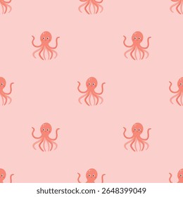Cute pink Octopus seamless vector pattern. Patel color background. Vector illustration cartoon flat style.