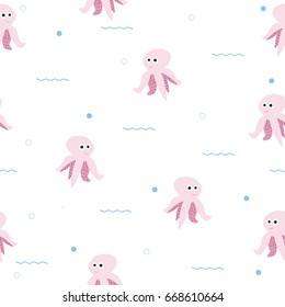 Cute pink octopus under water seamless pattern. Vector hand drawn illustration.