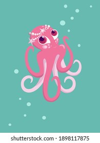 Cute rosa Tintenfisch, Vektorgrafik, Meerscharakter für Kinderplakate im Inneren, Design von gedruckten Produkten, Postkarten, Kalender, Stoffdruck . 