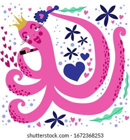 Cute pink octopus vector illustration.Hand drawn picture of cartoon girl octopus.