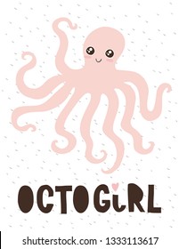 Cute Pink Octopus Vector Illustration.Lovely Abstract Hand Drawn Little Baby Octopus on a White Background.Octogirl Funny Nursery Art.Simple Infantile Style Decoration for Baby Girl. Pastel Color Art.