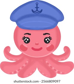 cute pink octopus wearing nautical hat vector illustration