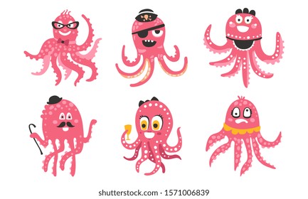Cute pink octopuses. Set of vector illustrations.