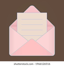 Cute pink open envelope with letter on brown background. Concept of basic and convenient envelopes for business and personal letters. Flat cartoon vector illustration
