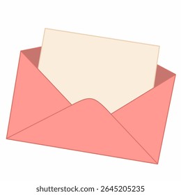 Cute pink open envelope with a letter inside in flat style. Great for greeting cards, love notes, email icons, romantic messages, and digital stationery collections with soft pastel tones.