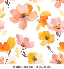 Padrão de aquarela sem costura floral rosa e laranja bonito com fundo de aquarela. Ilustração de vetor de flor. Impressão aquarela em estilo vintage rústico, têxtil ou papéis de parede.