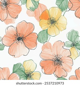 Cute pink and orange floral seamless watercolor pattern with watercolor background. Flower vector illustration. Watercolor print in rustic vintage style, textile or wallpapers.