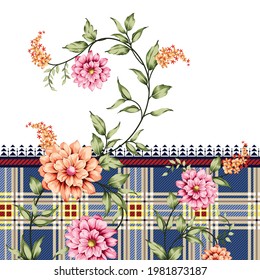 cute pink and orange vector flowers with green leaves pattern on black stripe with checks pattern
