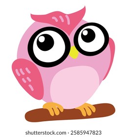 Cute pink owl with big eyes. Vector illustration on white background