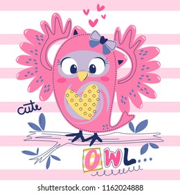 Cute pink owl girl on the branch on striped background illustration vector.