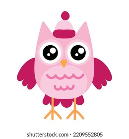 Cute pink owl in a hat. Child character for stickers, stickers, posters, book illustrations. Children's drawing. Vector illustration in cartoon style