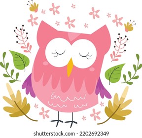 cute pink owl with ornamental leaves illustration vector graphic
