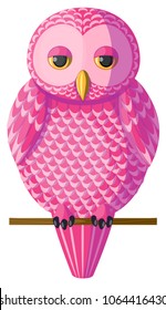 Cute pink owl sitting on a branch. Isolated character bird owl on white background, vector. Originally designed character, complex design of vector pink owl sitting on the branch.