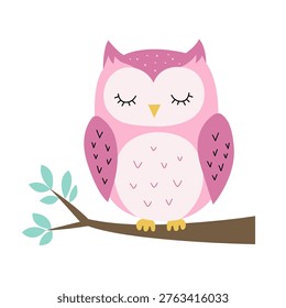 Cute pink owl sitting on a branch with simple shapes and soft colors. Perfect for children and nursery designs.