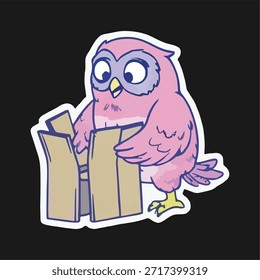 Cute pink owl vector illustration doing everyday activities. Simple cartoon character with clean line art and flat colors. Playful and friendly style suitable for sticker, children illustration, social media content, print design, and digital decoration. Character on dark background.
