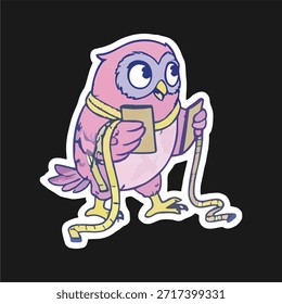 Cute pink owl vector illustration doing everyday activities. Simple cartoon character with clean line art and flat colors. Playful and friendly style suitable for sticker, children illustration, social media content, print design, and digital decoration. Character on dark background.