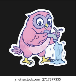 Cute pink owl vector illustration doing everyday activities. Simple cartoon character with clean line art and flat colors. Playful and friendly style suitable for sticker, children illustration, social media content, print design, and digital decoration. Character on dark background.