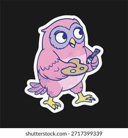 Ilustração de vetor de coruja rosa bonito fazendo atividades diárias. Personagem de desenho animado simples com arte de linha limpa e cores planas. Estilo divertido e amigável adequado para adesivo, ilustração infantil, conteúdo de mídia social, design de impressão e decoração digital. Caractere em plano de fundo escuro.