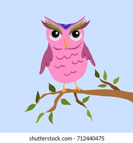 Cute Pink Owl Vector Illustration