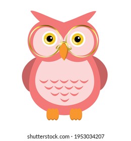 A cute pink owl wearing golden glasses. Vector design element. Pink color wise owl. Cartoon clever owl. Isolated on white.