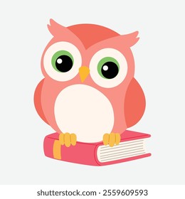 cute pink owl wearing is on book illustration 