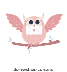 Cute pink owl who brought a love letter. Colorful vector illustration.