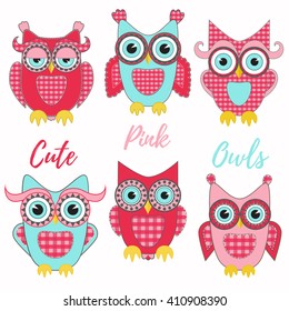 Cute pink owls vector set. Patchwork style.