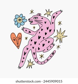 Cute pink panther boho magic leopard. Modern abstract print. Groovy doodle funky fine art style. Cosmic celestial minimalistic wild cat in cartoon childish style. Wild African animal poster or leaflet