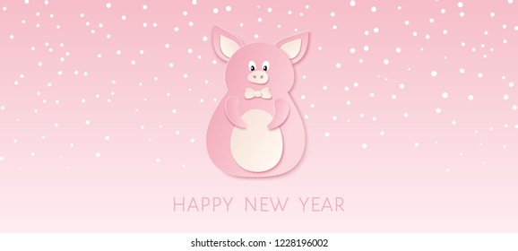 Cute pink paper cut pig for 2019 Year of the Pig. Vector template for greeting card, banner, flyer.