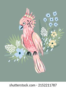 Cute pink parrot with flowers and leaves illustration. Tropical summer background.