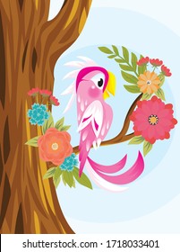 Cute Pink parrots cartoon character. Watercolor exotic birds, cockatoo parrot illustration. Tropical elements isolated on white background