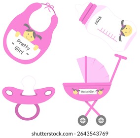 Cute pink Pastel Baby girl Essentials include Stroller, Bib, Pacifier, and Baby Bottle