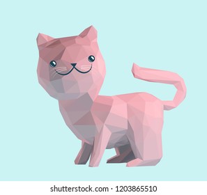 Cute Pink Pastel Kitten Isolated on Blue Background Low Poly 3D Vector Rendering