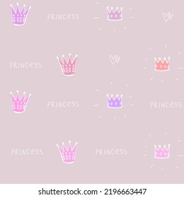 Cute pink pastel pattern with hearts, crown a little princess seamless background. Textiles for home, pink doodle paper scrapbook.
