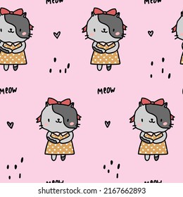 Cute pink pattern with black hearts little princess cats. Pets seamless background. Textiles for child, paper scrapbook.