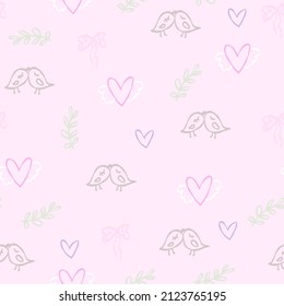 Frisch rosa Muster mit doodle Linie die Vögel küssen, Schleifen, Herzen. Textilien für Kinder, Stoff, Buch, Schlafzimmer, Baby. Digitales Papiersrapbook, nahtloser Hintergrund.