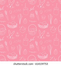Cute pink pattern for Easter. Vector seamless pattern with chickens, rabbits, eggs and flowers.