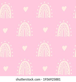 Cute pink pattern hearts with rainbows. Children's textiles. Digital paper scrapbook for kids.