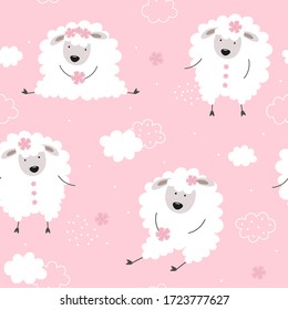 Cute pink pattern with lambs. Sheep, flowers, clouds. Suitable for printing on clothes, fabrics, textiles, wrapping paper, poster, cover.