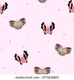 Cute pink pattern with line butterflies. Seamless background. Textiles for children. Minimalism paper scrapbook for kids. 