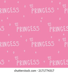 Rutschen Sie rosa Muster mit Sternen, kronen Sie eine Prinzessin nahtlosen Hintergrund. Textilien für Mädchen, digitales Papierscrapbook.