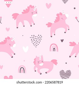 Cute pink pattern with unicorns and hearts. Girly vector seamless print for textile and nursery.