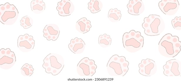 Cute pink paw footprints background vector. Hand drawn animal, pet, cat paw silhouette pattern, kitten, puppy walking. Footsteps illustration design for fabric, decorative, sticker, wallpaper, kids