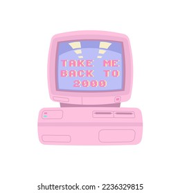 Cute pink PC computer from 2000. Vector illustration of y2k, 2000s, 1990s, 1980s graphic design. Comic element for sticker, poster, graphic tee print, bullet journal cover, card. Bright colors