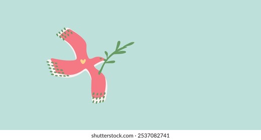 Cute pink peace dove with olive branch vector illustration with copy space
