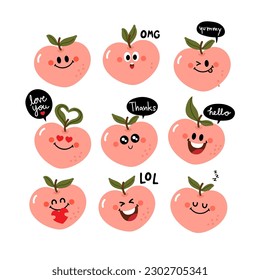 Cute pink peach cartoon character with bubble speech. Emoji vector.