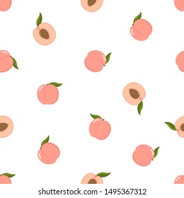 Cute pink peach and sliced seamless patten. Organic healthy fruit background. -Vector.