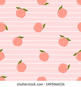Cute pink peach and stripes line seamless patten. Organic healthy fruit background. -Vector.