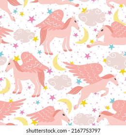 Cute pink pegasus vector seamless pattern design illustration