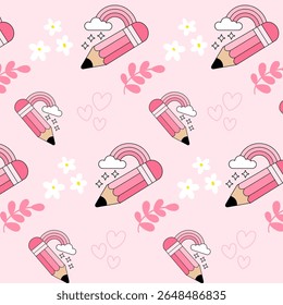 Cute Pink Pencil and Rainbow Pattern with Hearts and Flowers